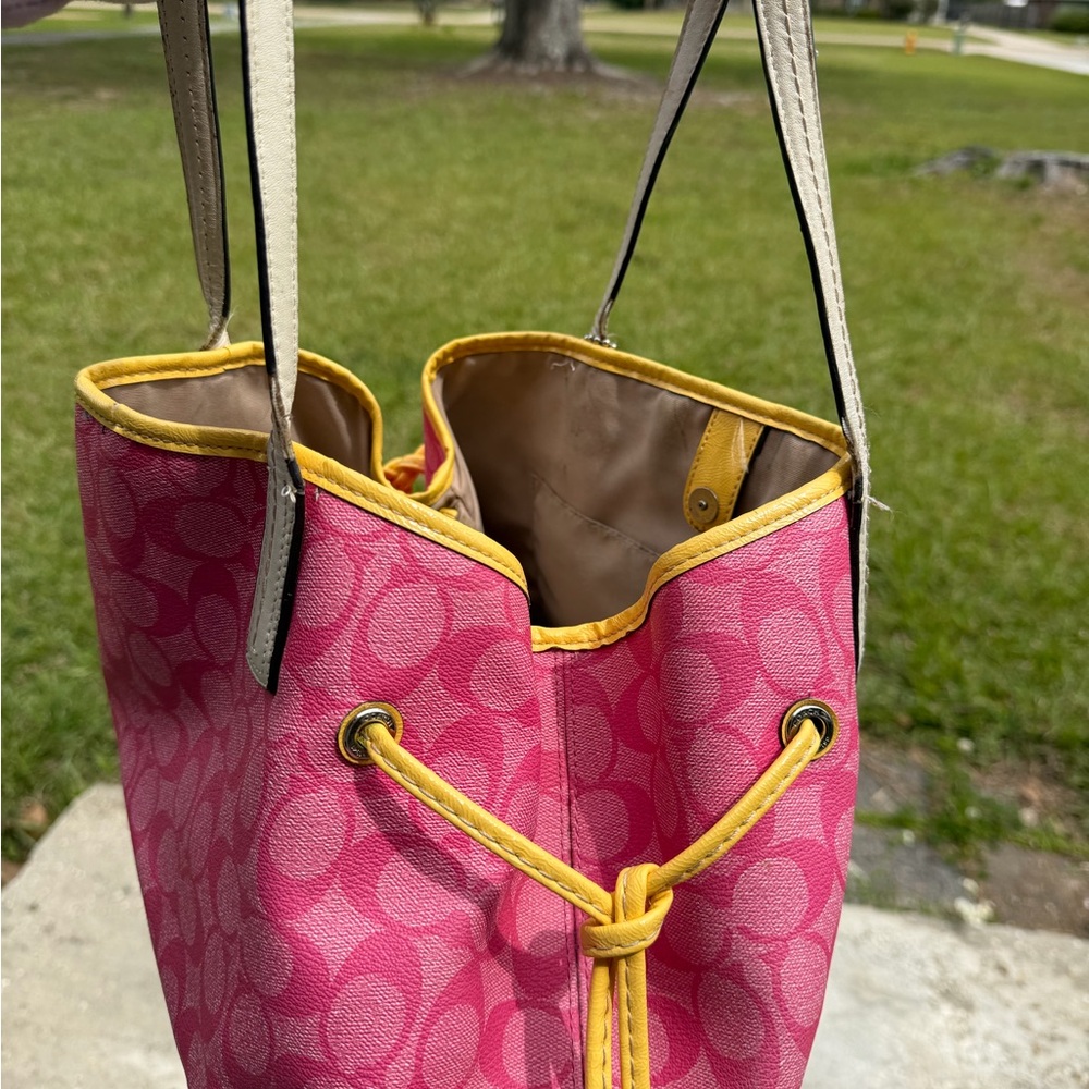 Coach Pink Signature Tote with Yellow Stripe - Picture 8 of 16